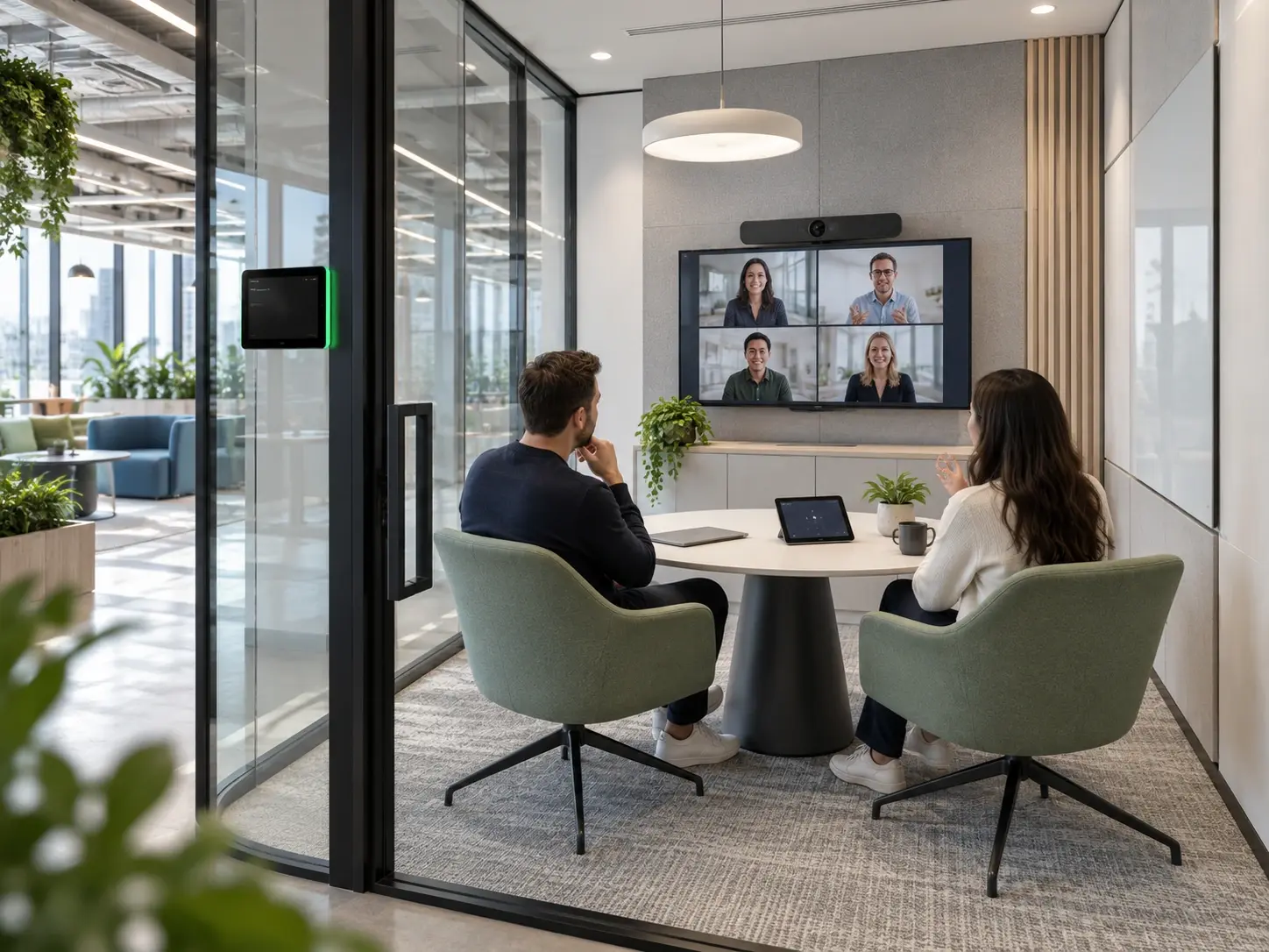 Modern unified communications meeting room with integrated video conferencing, room controls and collaboration technology