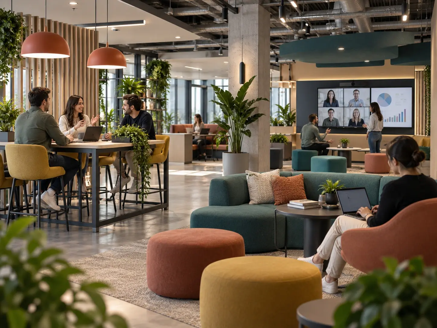 Modern shared workplace with multiple collaboration zones, connected displays and flexible team workspaces