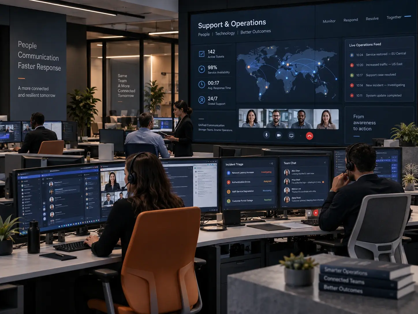 Operations team using unified communications, dashboards and support workflows