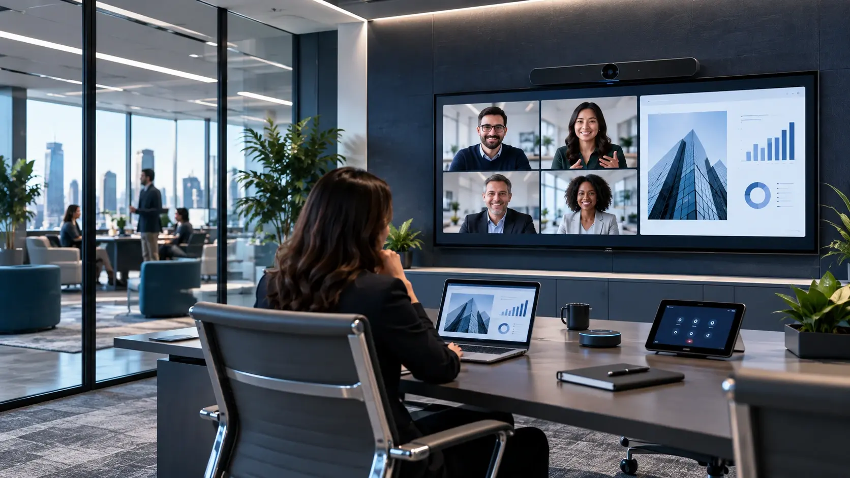 Unified communications meeting connecting in-room participants with remote teams and shared content