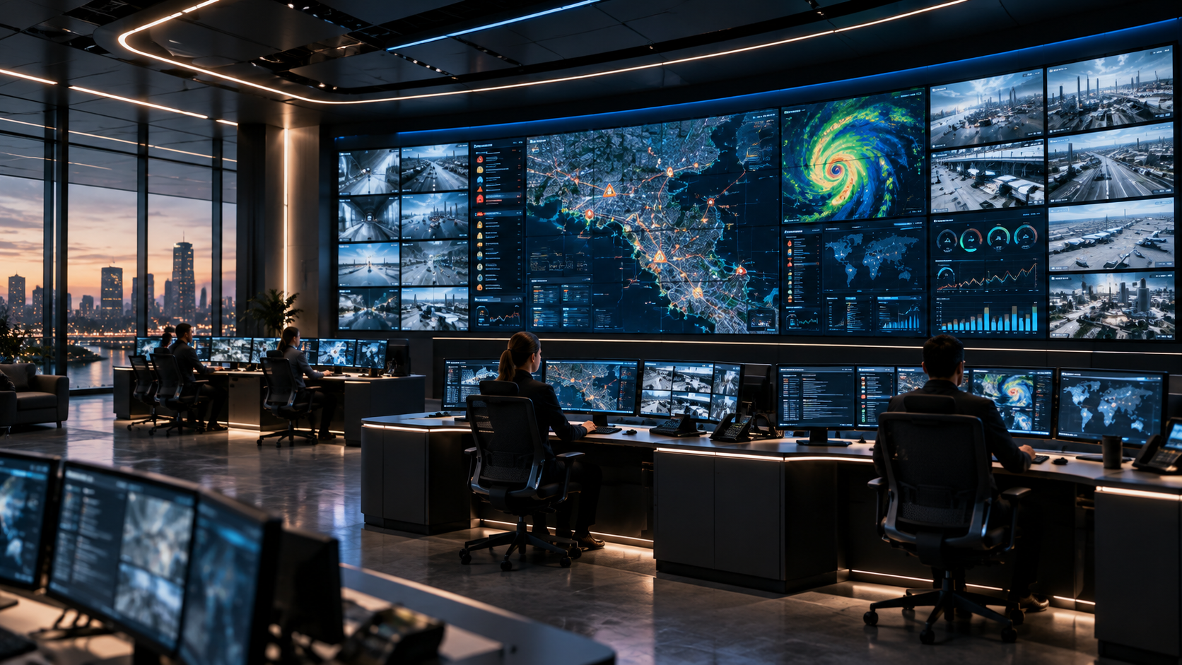 Operations center with a large multi-source video wall and operator workstations