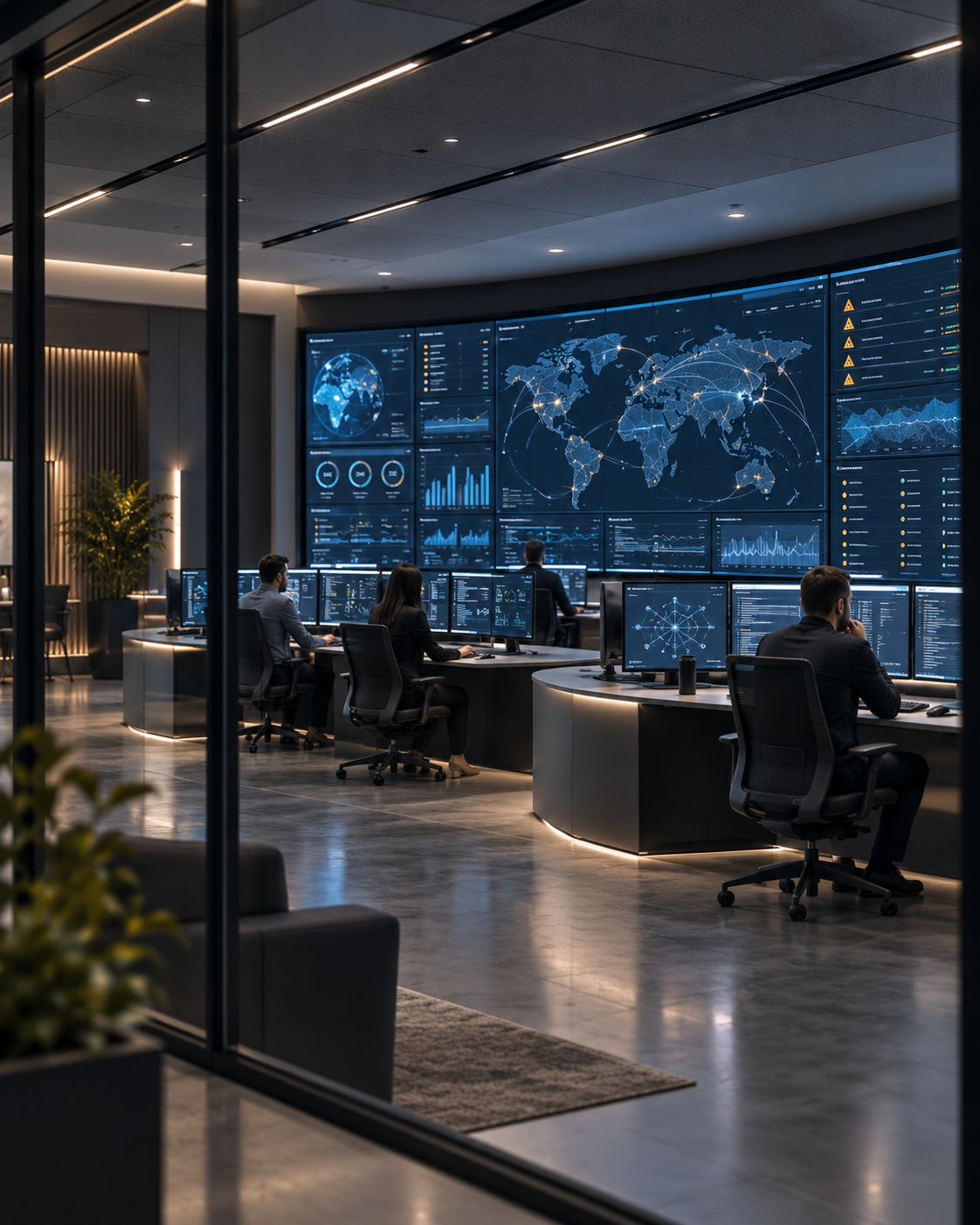 Mission-critical operations center with integrated real-time maps, dashboards and video feeds