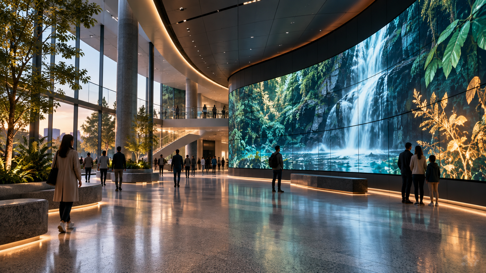 Public atrium with an immersive curved video wall and visitors