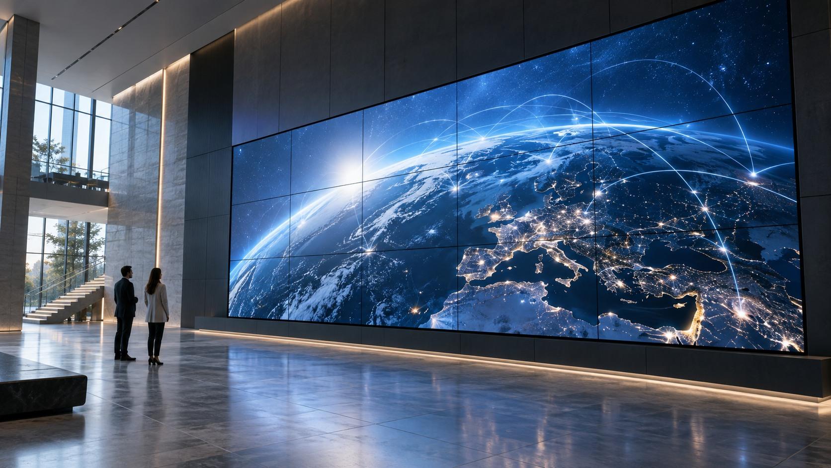 Large-scale video wall visualization in a modern corporate lobby